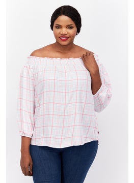 Buy Women Plus Size Off Shoulder Neck Long Sleeve Checkered Blouse, White/Pink Combo in UAE