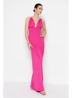 Buy Fuchsia Lined Knitted Long Evening Evening Dress TPRSS23AE00011 in Egypt