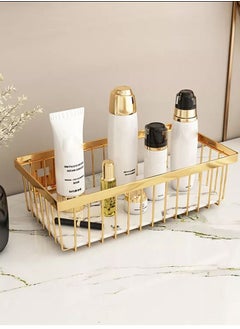 Buy 1 Piece Wall Mounted Rack Square Shape Basket with Ceramic Bottom Bathroom Shelf Make up Organizer Cosmetic Storage Gold Colour in UAE