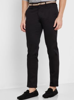 Buy Men Black Slim Fit Cotton Chinos Trousers in UAE