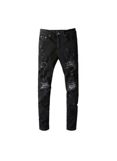 اشتري High Street Fashion Brand Jeans with Broken Hole Patches and Fashionable Slim Fit في الامارات