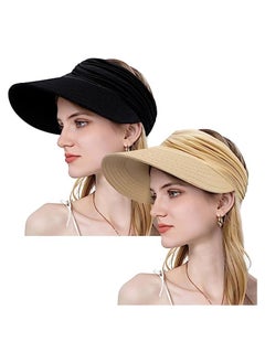 Buy 2 Pack Wide Brim Sun Visor Hat for Women UV Protection Packable Beach Hat Ponytail Hat Summer Sports Cap for Golf, Foldable Large Wide Brim Shade in UAE