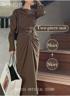 Buy 2Pcs Ladies Long Sleeve Dress Pleated Button Top + Retro Kink Tie Skirt Set Solid Color Elegant and Generous  for Ladies Ramadan Eid al-Adha in UAE