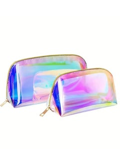 Buy 2 pc Holographic Makeup Bag Transparent  Half Round Toiletry Bags With Zipper Colorful Portable Travel Waterproof Toiletry Pouch For Women in UAE