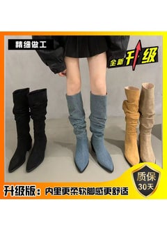 Buy British high heel suede Western Denim long boots womens shoes 2023 new summer pointed pile long Knight bootsDenim Blue upgraded version Denim Blue upgraded version in UAE