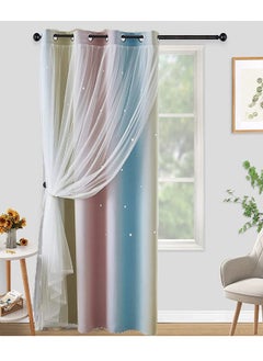 اشتري Double Layer Star Cut Out Gradient Thermal Insulated Blackout Curtain for Kids Room Living Room Pink/Green/Blue 132x160/132x213/132x243cm في الامارات