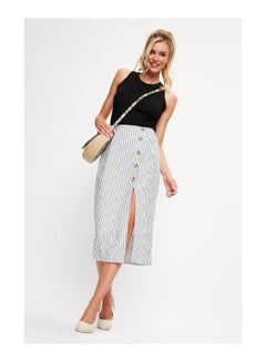 Buy Cream Stripe Split Button Midi Skirt in UAE