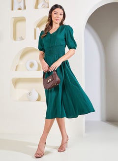 Buy Smocked Detail Textured A-Line Midi Dress in Saudi Arabia