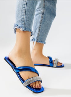 Buy Elegant Leather Flat Slipper With A Strap On The Front-BLUE in Egypt
