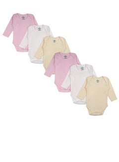 Buy BabiesBasic 100% Super Combed Cotton, Long Sleeves Romper/Bodysuit, for New Born to 24months. Set of 6 - Pink, Lemon, Cream in UAE