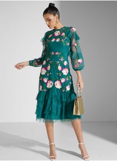 Buy Floral Embroidered Puff Sleeve Dress in Saudi Arabia