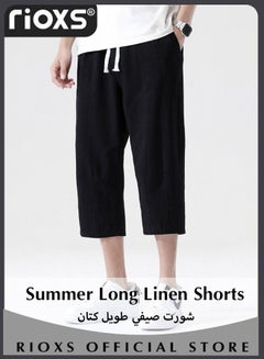 Buy Men's Summer Long Linen Shorts Below Knee Pocketed 3/4 Drawstring Elastic Waist Capri Pants With Side Pockets in Saudi Arabia