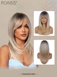 Buy Ombre Blonde Dark Root Wig with Bangs, Middle Part Layered Hair Wig for Women Straight Synthetic Natural Heat Resistant Fiber Wig as Real Hair for Daily Wear, Party, Costume, Cosplay, 58CM in Saudi Arabia