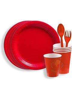 اشتري TIME - 24 Pieces Party Supplies Tableware Set Includes 6 - 9" Paper Dinner Plates 6 - 9 Oz Cups, 6 - 6" Spoon and 6 - 6" Forks for Plain Color Theme Disposable Birthday Dinnerware (Red) في الامارات