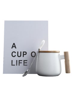 Buy Ceramic coffee mug with wooden lid, gift mug White in UAE