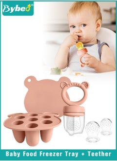 اشتري Baby Food Fruit Feeder Pacifier + Food Freezer Tray With 2 Replacement Silicone Pouches and Lid, Multi-Purpose Infant Teething Popsicle Molds and Teething Toy Set في الامارات