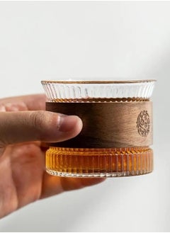 Buy Glass tea and coffee cup for hot and cold drinks, with a wooden insulation bracelet, capacity 170 ml in Egypt