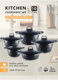 Buy 10-Piece Kitchen Cookware set, Casserole Set And Frying Pan With Non Stick Cookware sets ,Finish Glass lid PFOA-Free  20-24-28-32 cm (Deep Stockpot) + 28 cm (shallow Stockpot)（Black） in Saudi Arabia