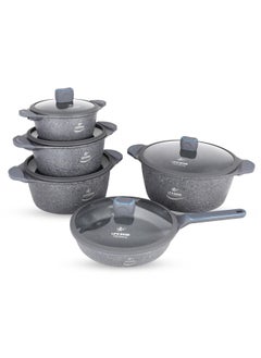 اشتري 10-Piece Cookware Set - Pots and Pan Set Induction Base, Titanium Granite Non Stick Coating 100% PFOA FREE, Kitchen Cooking Set with Stay Cool Handles (Grey) في الامارات