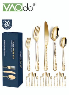 اشتري 20PCS Stainless Steel Cutlery Set Butterfly Silverware Set Service for 4 Stainless Steel Flatware Set with Steak Knives Mirror Polished Cutlery Set Gold في الامارات