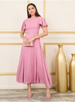 اشتري Striped Embellished Buckle Belted A-Line Maxi Dress في السعودية