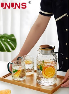 اشتري Teapot Pot Set Clear,3-Piece Vintage Carvings Glass Teapot,1 Teapot And 2 Cups,1.5L Water Carafe Jug With Lids For Iced Tea Lemonade Coffee Milk Juice في الامارات