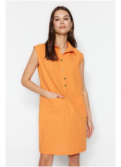 Buy Orange Straight Cut Pocket Shirt Collar Mini Woven Dress TWOSS22EL1068 in Egypt