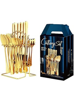 Buy Stainless Steel Flatware Set for 6 with Stand - 24 Piece Service Set, Golden Color, Mirror Polished Cutlery, Dishwasher Safe Tableware in Saudi Arabia