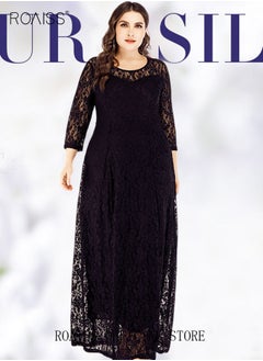 اشتري Women's Plus Size Lace Dress for Wedding Party Dating Solid Color Midi Long Loose Dress Transparent three quarter Sleeve Boat Neck Large Hem Elegant Evening Dresses Black في السعودية