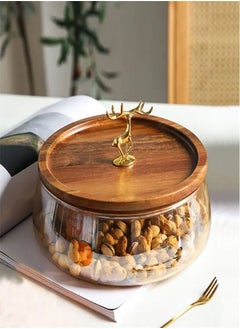 Buy Nordic Golden Deer Glass Fruit Basin Tea Table Snack Storage Box Acacia Wood Cover Candy Box Nuts Dried Fruit PlateContainer with Wooden Lid, Round Food Storage Platter, Snack Tray Bread Plates Salad in UAE