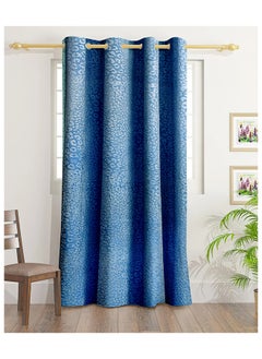 Buy Sophia Velvet Emboss Print Curtains With Groomets - Polyester-Single Window Curtain- Sound, Sunlight And Heat Insulation- 260X140Cm - Blue in UAE