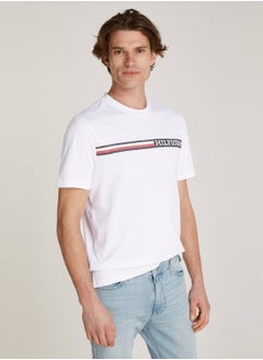 Buy Men's Chest Stripe Short Sleeve T-Shirt - Cotton, White in UAE