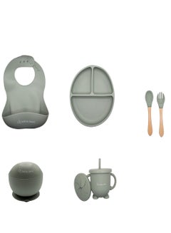 Buy 6 piece Silicone Feeding Set, Suction Plate, Suction Bowl, Silicone Tip Cutlery, Bib & 2in 1 Sippy Cup with Travel Bag in UAE