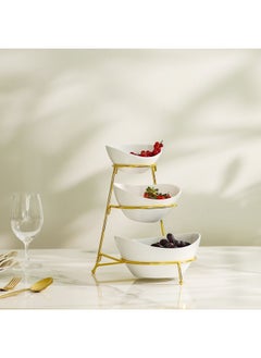 Buy Pristine 3-Piece Ceramic Serving Bowl with Stand White,Gold 23X18X24.5CM in UAE