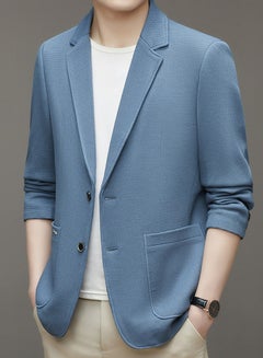 Buy Mens Suit Collar Coats Casual Slim Fit Knitting Suit Jacket Lightweight Business 2 Button Blazers Sky Blue in UAE