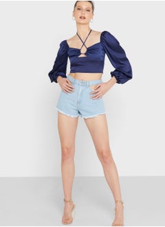 Buy Roll Hem Denim Shorts in UAE