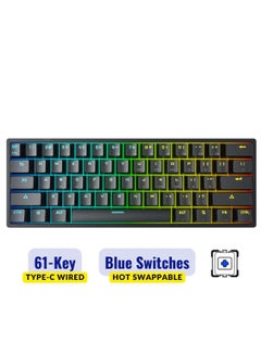 Buy Mechanical Keyboard 61 Keys PBT Translucent Dual-Color Injection Keycaps RGB Backlight Detachable Type-C 60% Wired Gaming Keyboard Black - Blue Switch in UAE