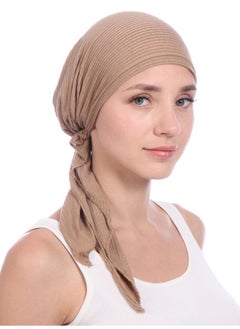 اشتري Women's Solid Color Wrinkle Turban Cotton Chemo Hat Casual Windproof Head Scarves Slip-On Pre-Tied Hijab  for Ladies All Seasons  Beige في الامارات