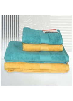 Buy 4 Piece Bathroom Towel Set ACCRA 550 GSM 100% Cotton Terry 2 Bath Towel 70X140 cm & 2 Hand Towel 50x90 cm Turquoise & Yellow Color Soft Feel Super Absorbent in UAE