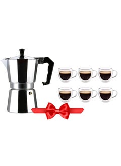 Buy Double-walled glass cups with handle, 6 pieces + aluminum coffee maker in Egypt