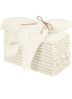 اشتري Cotton Linen Napkins 12pcs Handmade 17x17" Soft Rustic Fringe Perfect for Dinners Parties and Weddings Ivory Classic Style في السعودية