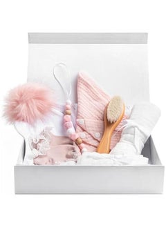 اشتري 7 Pc Beautiful White Baby Box Gift Ensemble - Newborn Baby Girl Gifts with Beanie, Socks, Bib, Washcloth, Brush - Shower Gift Basket, New Baby Gift Set, Baby Gift Basket, New Born Baby Girls Gift في السعودية