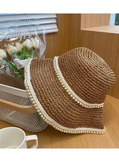 Buy Wide Brim Hat Fashion Handmade Pearl Woven Hat Straw Summer Sun Protection in Saudi Arabia