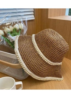 Buy Wide Brim Hat Fashion Handmade Pearl Woven Hat Straw Summer Sun Protection in Saudi Arabia