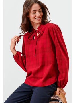 Buy Women Tie Neck Checkered  Long Sleeve Blouse, Red in UAE