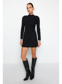 Buy Black Knitted Mini Dress with Pleats and Fitted Collar TWOAW24EL00120 in Egypt