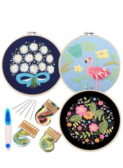 Buy Embroidery Starter Kit with Pattern and Instructions, 3 Sets Cross Stitch Kit Include Embroidery Clothes with Plants Flowers Pattern, Embroidery Hoops, Color Threads and Tools Set in UAE