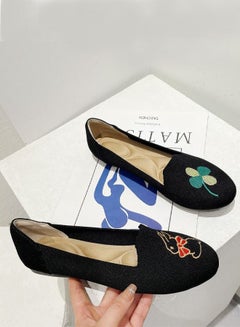 Buy Women's Loafer Round-Toe Embroidered Loafer Flat Shoes Black in UAE