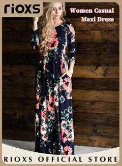 Buy Women Casual Loose Maxi Dress Long Sleeve Floral Printed Long Dress With Pockets in UAE