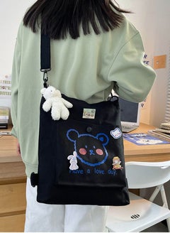 Buy Lovely Bear Printed Canvas Bag Large Capacity Casual Student Backpack Multifunction Tote Bag with Cartoon Pendant Black in Saudi Arabia
